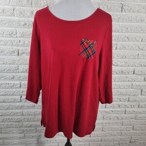 Quacker Factory QVC Womens Top 1X Plus Knit 3/4 Sleeve Red Studded RED66E